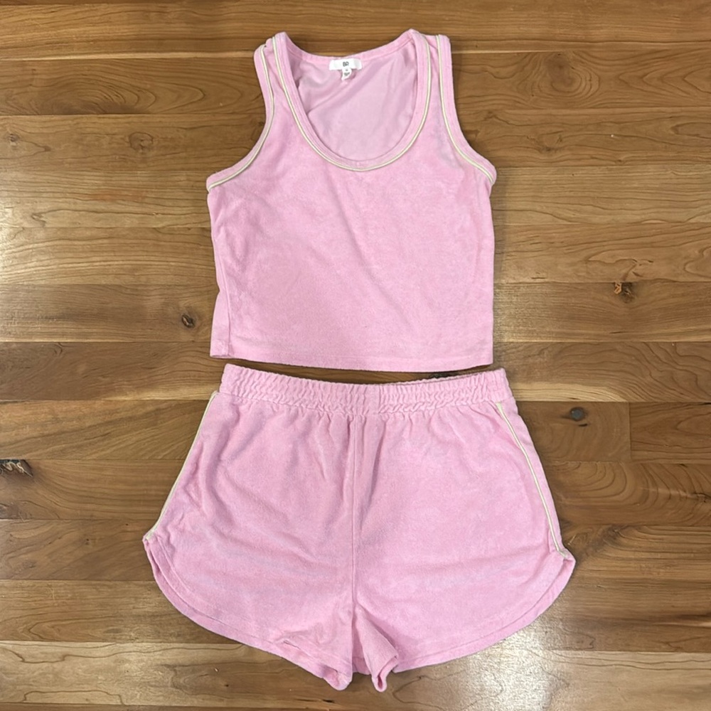 Pink tank top and shorts with yellow trim